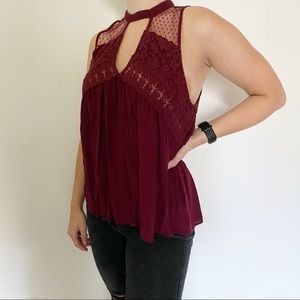 American Eagle Maroon Lace Cut Out Tank Top